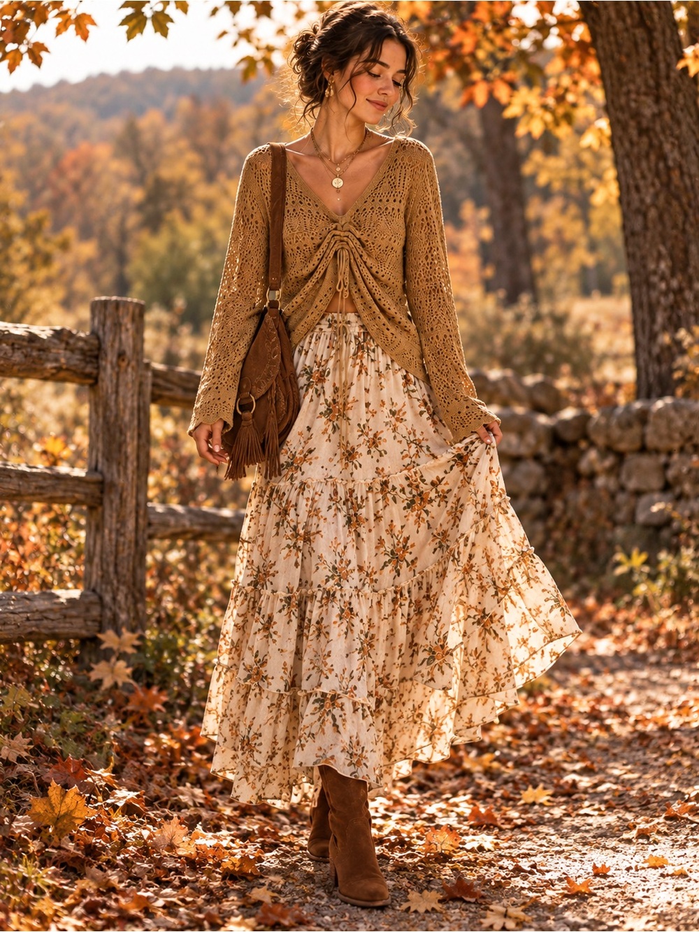 Camel Crochet V-Neck Drawstring Sweater